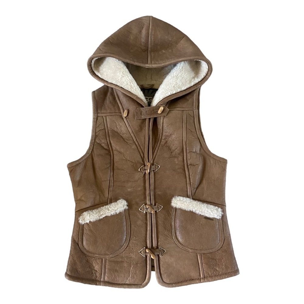 UGG Ventana Leather Shearling Hooded Vest Sz XS NEW